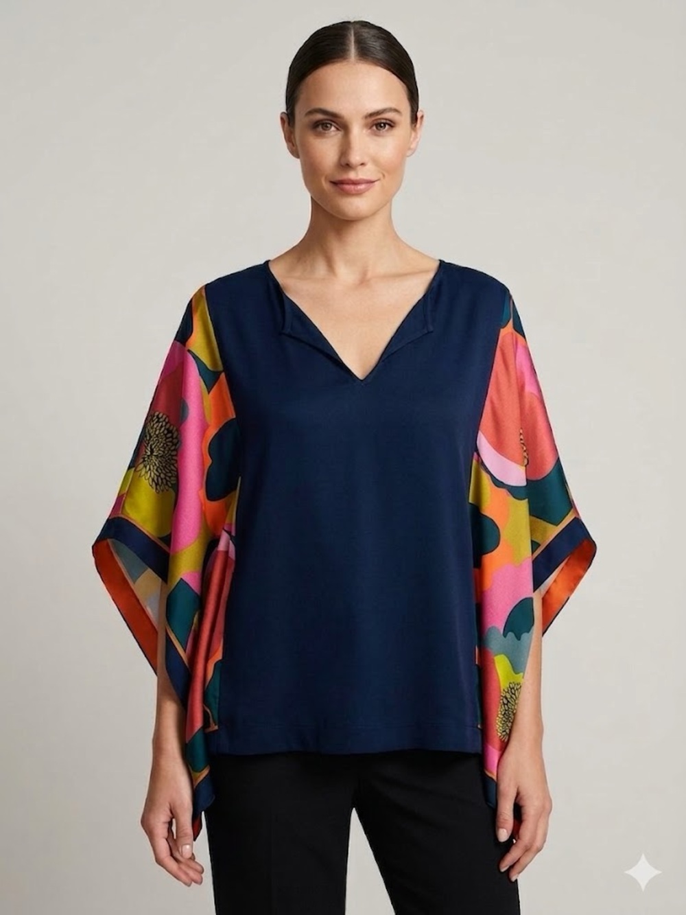 Luisa Cerano Boho Artsy Silky Blouse Abstract Print Kimono Sleeve Top Size 6
